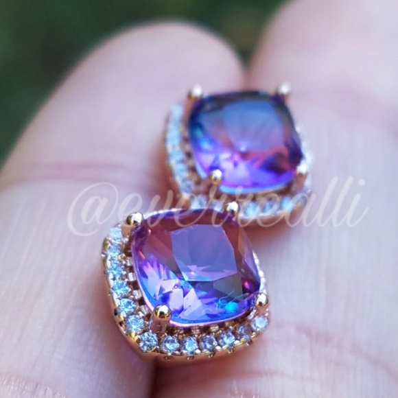 Rose Gold Purple Rainbow Diamond Halo Earrings - Picture 3 of 5